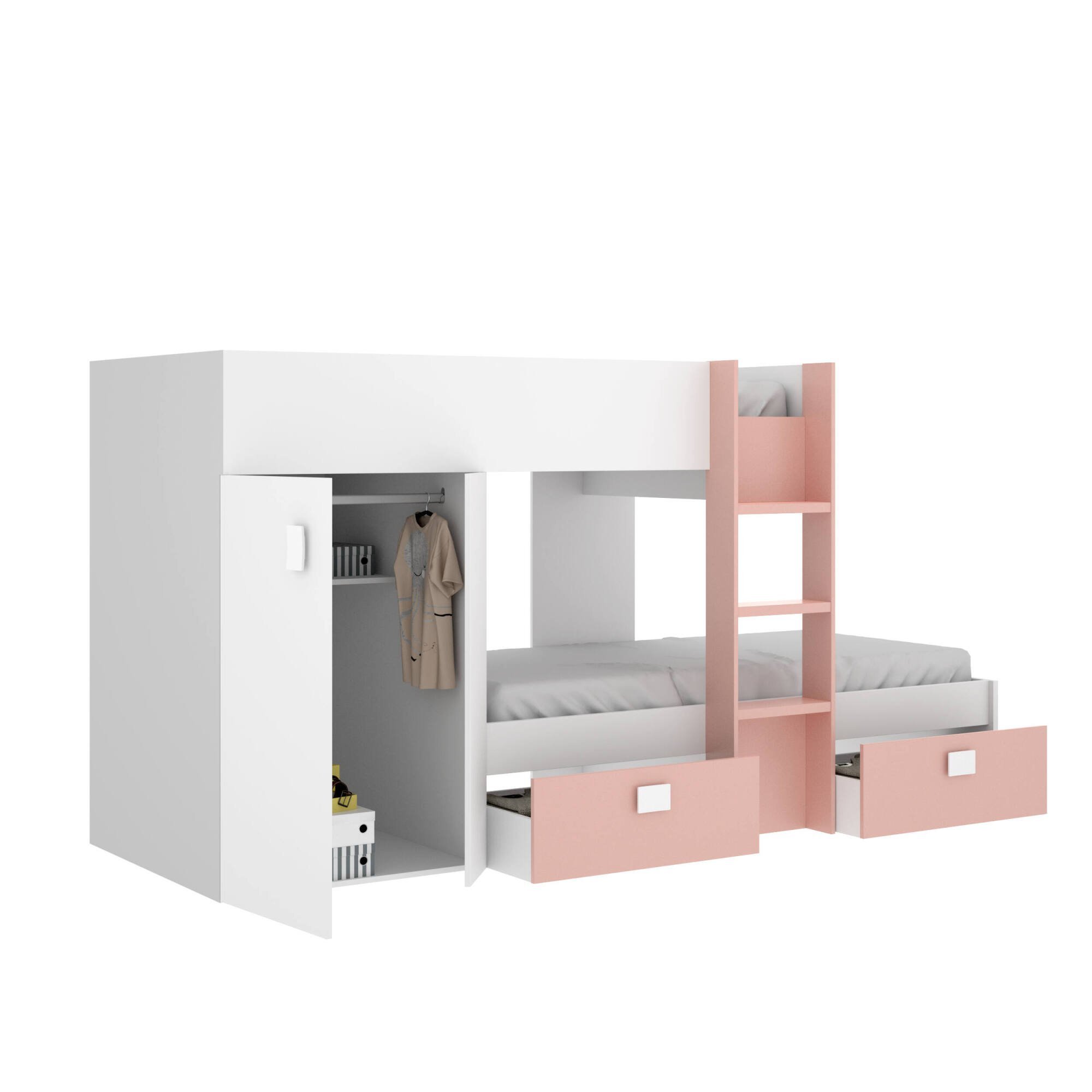 foto del prodotto letto per bambini araba, cameretta completa con armadio e cassetti, composizione letto a castello con due lettini singoli, 271x111h150 cm, bianco e rosa
