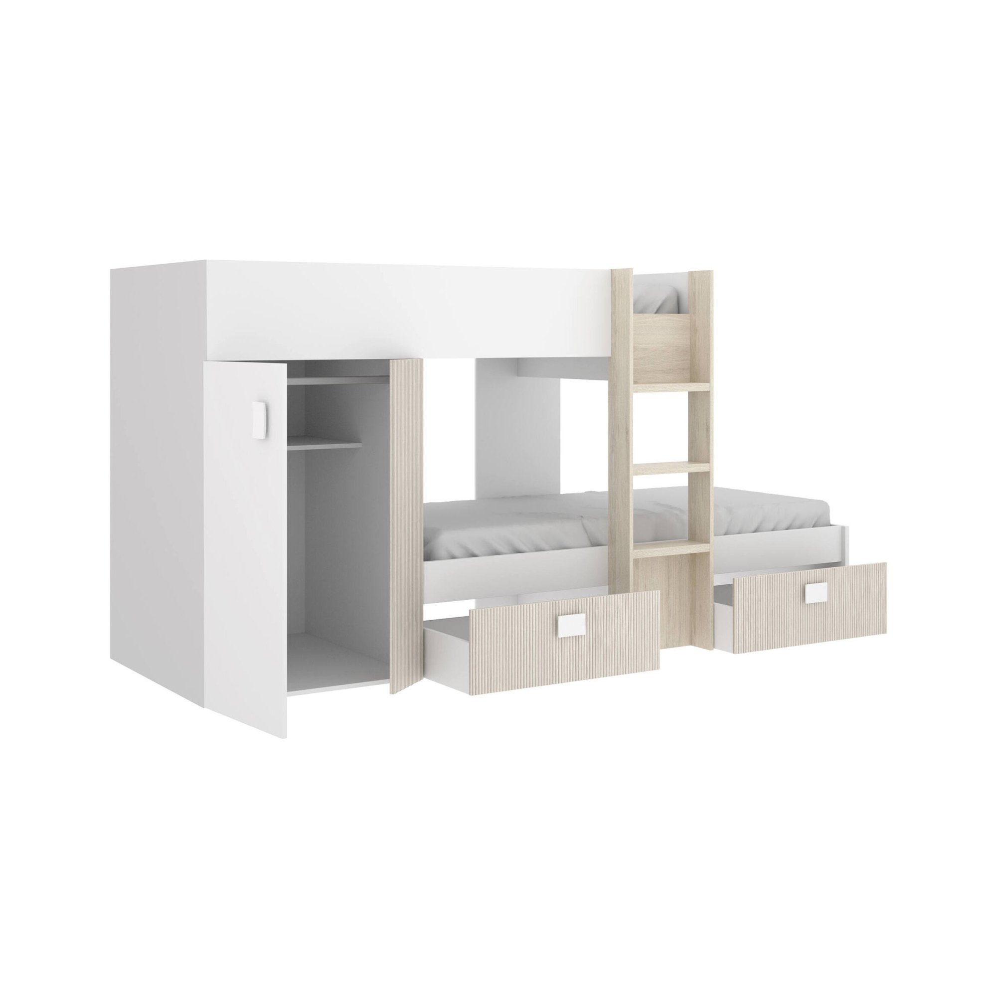 foto del prodotto letto per bambini araba, cameretta completa con armadio e cassetti, composizione letto a castello con due lettini singoli, 271x111h150 cm, bianco e rovere