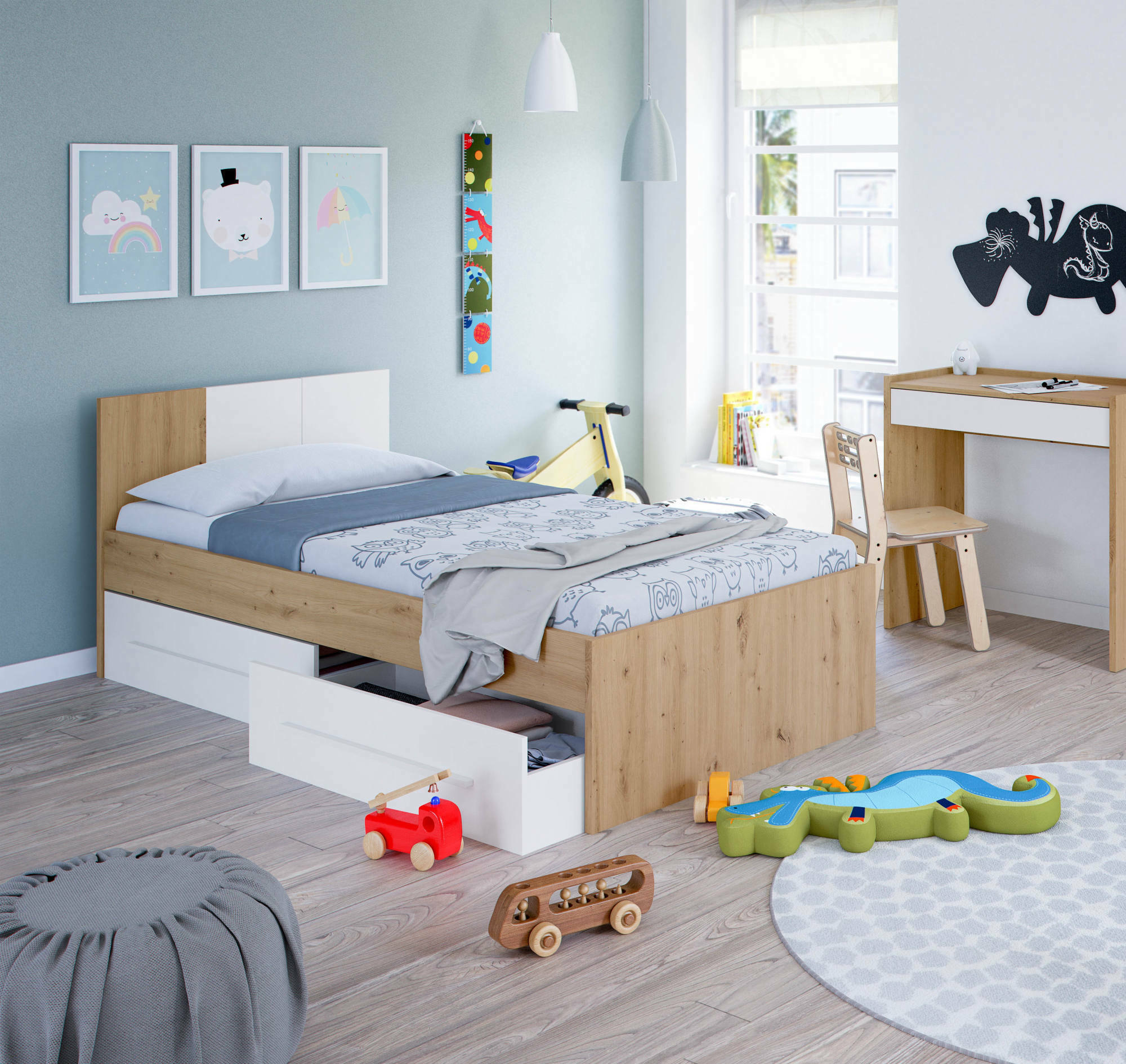 foto del prodotto letto per bambini azalia, letto singolo contenitore con testiera, struttura letto 2 cassetti, 196x97h77 cm, rovere nodi e bianco dmora