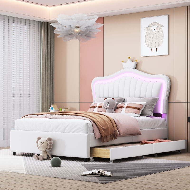 foto del prodotto letto per bambini capitonn 90 x 200 cm, struttura letto singolo per bambina white crown in pelle pu con cassetti portaoggetti, luci a led, rete a