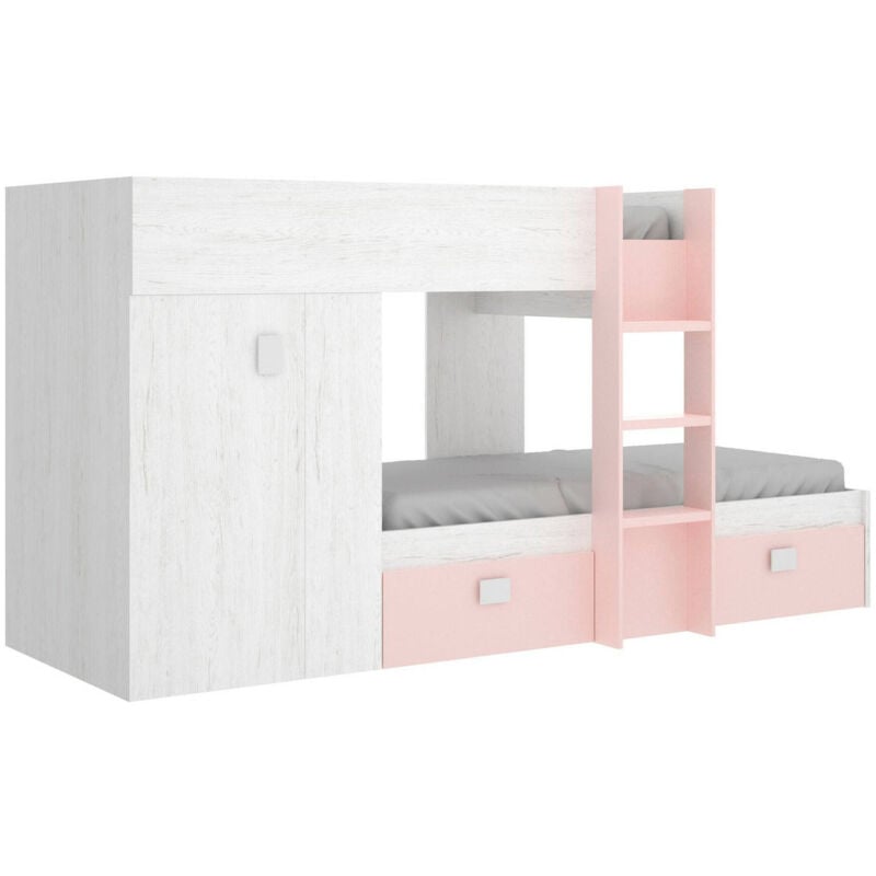 foto del prodotto letto per bambini cevedale, cameretta completa con armadio e cassetti, composizione letto a castello con due lettini singoli, 271x111h150 cm, bianco