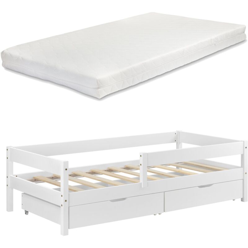 foto del prodotto letto per bambini con barriera anticaduta, rete per materasso e cassetti portaoggetti, legno di pino bianco 90 x 200 cm 030005421