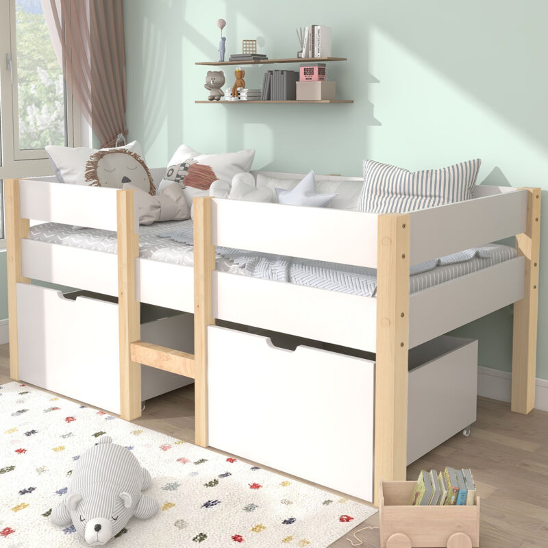 foto del prodotto letto per bambini con cassetto e protezione anticaduta, in legno di pino massiccio, 90x190 cm, bianco e rovere okwish