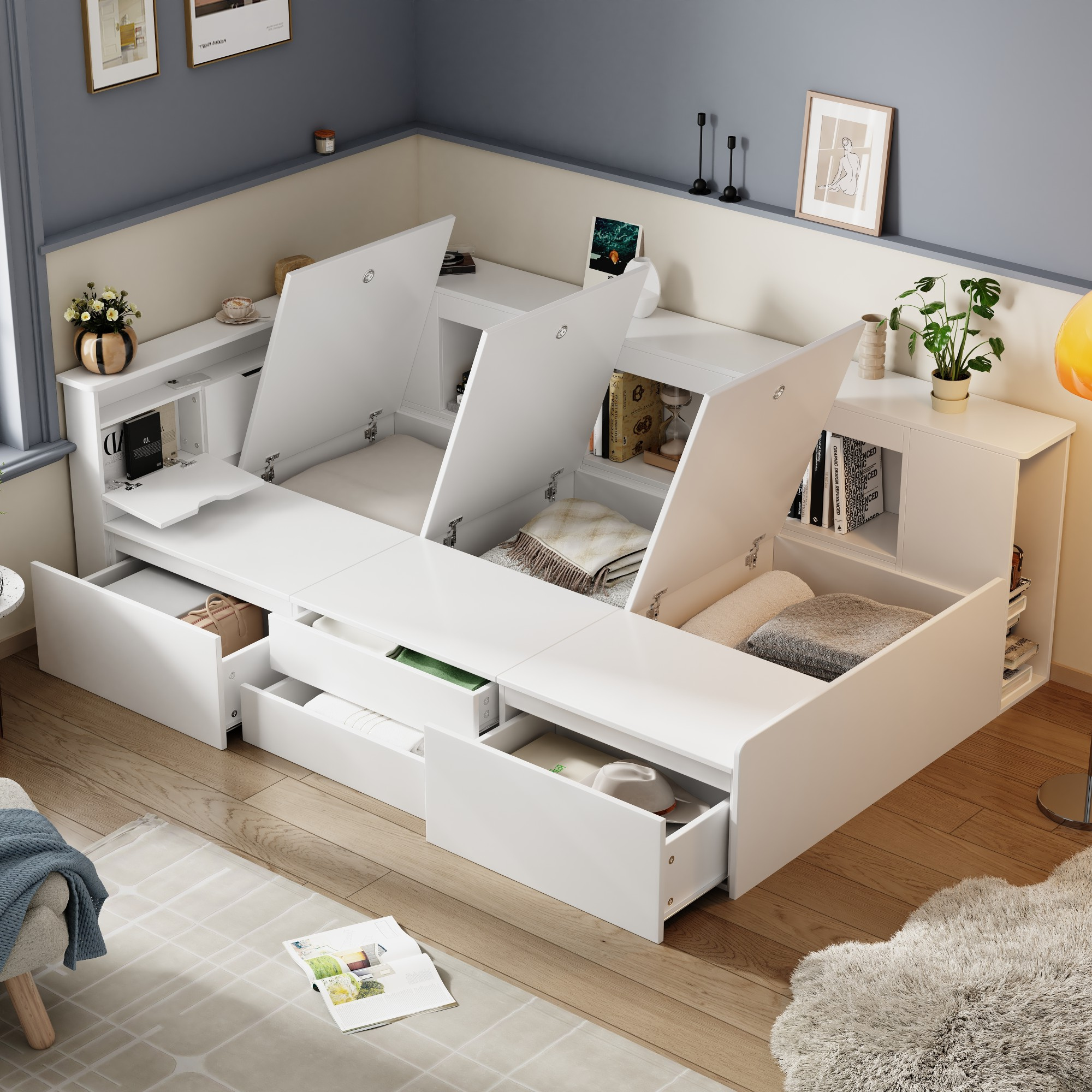 foto del prodotto letto per bambini con contenitore 90x200 cm, semplice letto multifunzione con cassetti, ripiano, cassettiera, per adolescenti/adulti, bianco