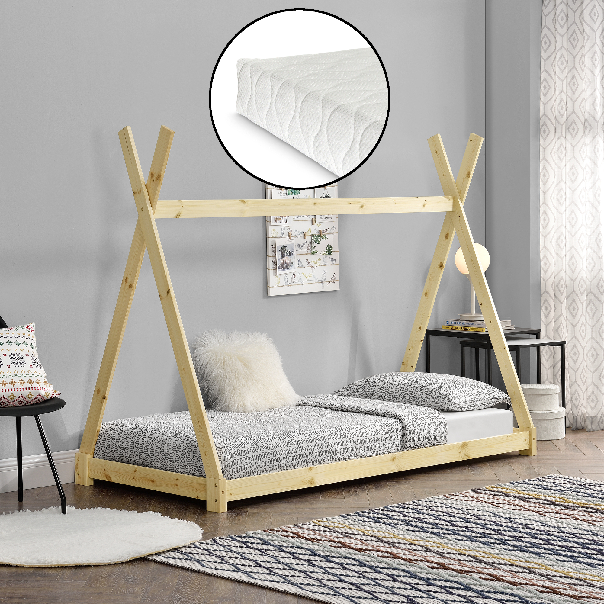 foto del prodotto letto per bambini con materasso 90 x 200 cm tenda indiana tipi color legno en.casa 