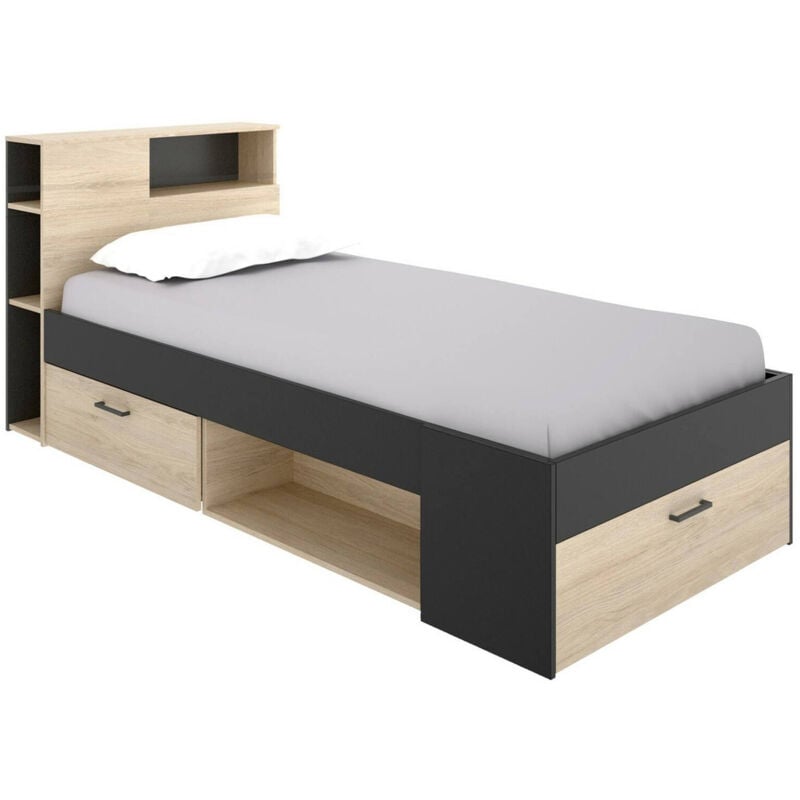 foto del prodotto letto per bambini cristallo, lettino per cameretta con testiera, struttura per letto singolo con cassetto e scaffali, 218x99h96 cm, rovere e