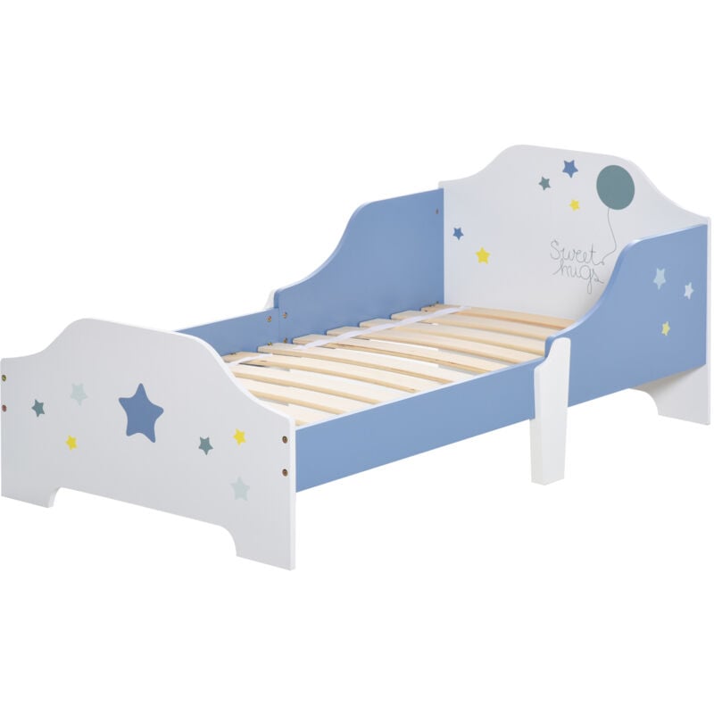 foto del prodotto letto per bambini di 3 anni con sponde laterali lettino blu e bianco homcom