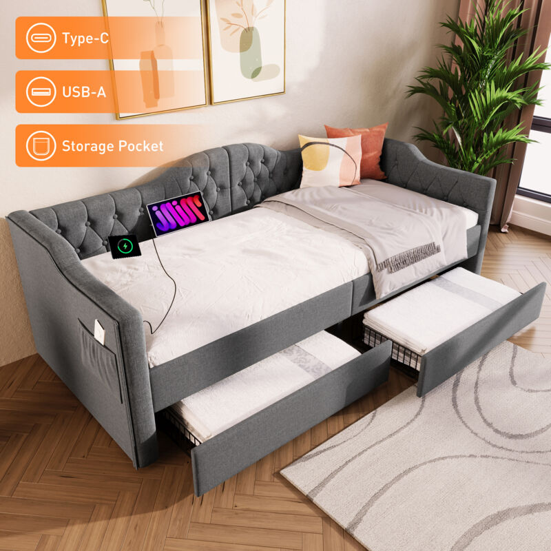 foto del prodotto letto per bambini, divano letto 90 x 200 cm, letto singolo, funzione di ricarica usb tipo c, 2 cassetti, biancheria, grigio senza materasso 