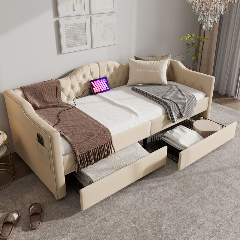 foto del prodotto letto per bambini, divano letto 90 x 200 cm, letto singolo, funzione di ricarica usb tipo c, 2 cassetti, velluto, beige senza materasso 