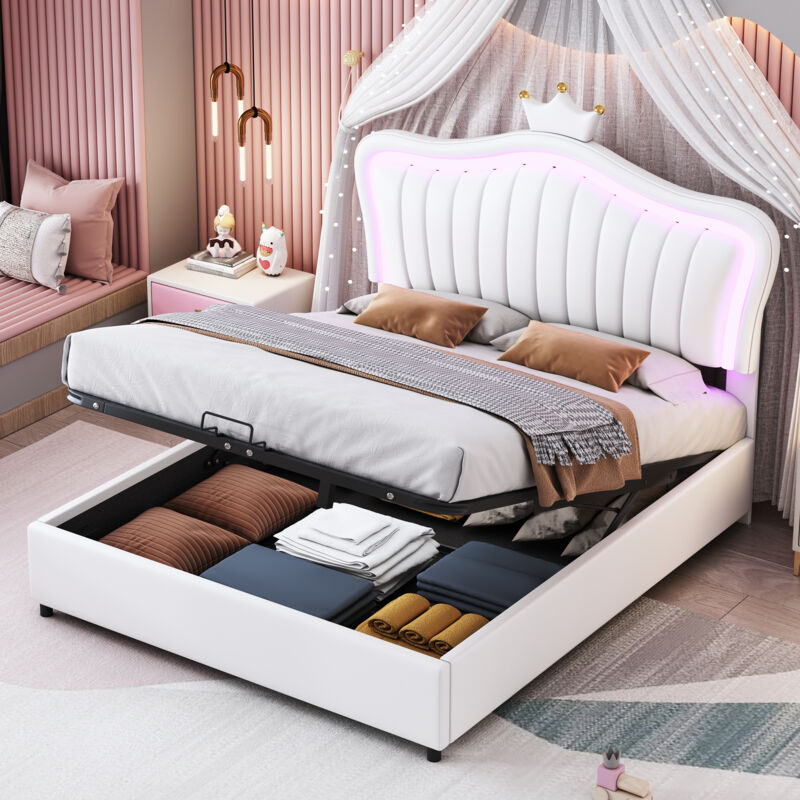 foto del prodotto letto per bambini imbottito 140 x 200 cm, letto contenitore idraulico, corona bianca, struttura letto singolo per ragazze in pelle pu con luci a led,