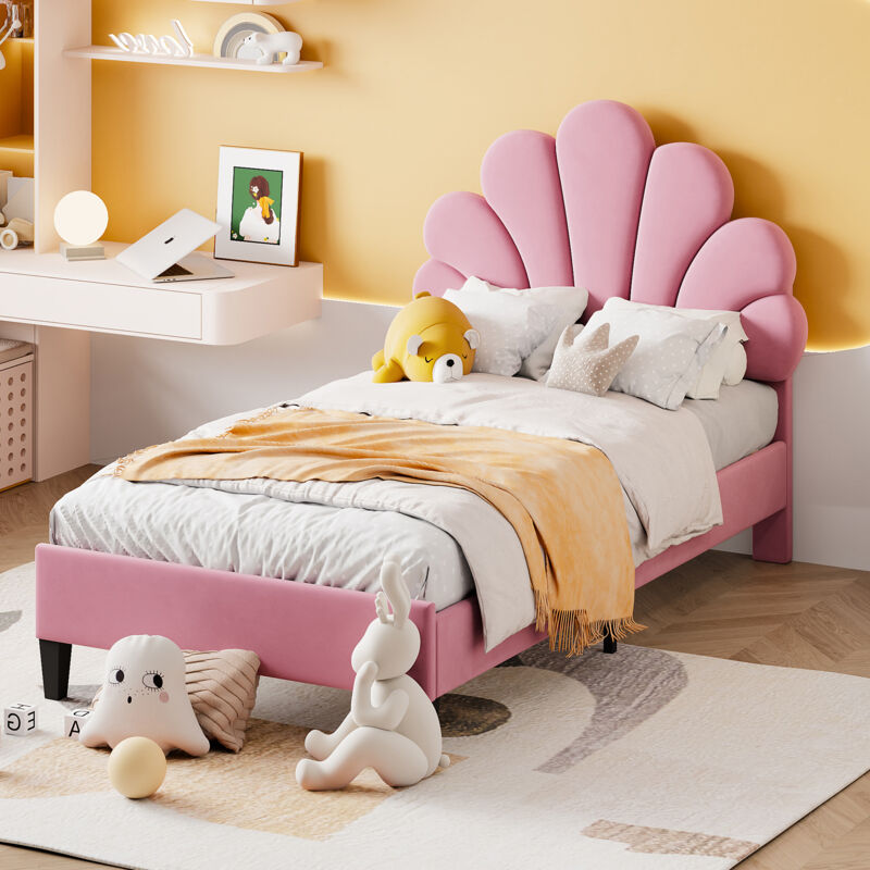 foto del prodotto letto per bambini imbottito 90 x 200 cm, giroletto con testiera a forma di fiore e rete a doghe, letto per ragazze in tessuto di velluto delicato