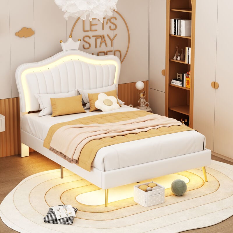 foto del prodotto letto per bambini imbottito 90 x 200 cm, giroletto per bambine, giroletto matrimoniale corona bianca in pelle pu con luci a led, rete a doghe e