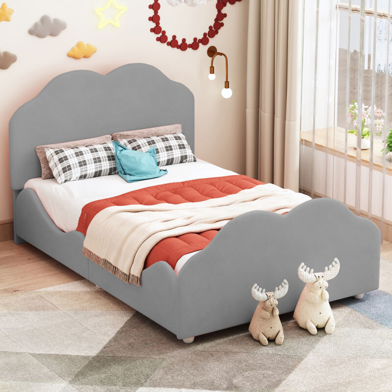 foto del prodotto letto per bambini imbottito 90 x 200 cm. letto per bambini con ringhiera alta con testiera e pediera a forma di nuvola. letto singolo in velluto