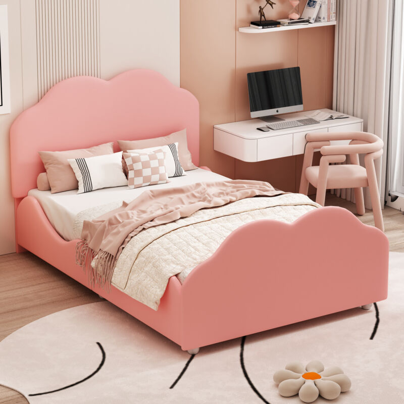 foto del prodotto letto per bambini imbottito 90 x 200 cm. letto per bambini con ringhiera alta con testiera e pediera a forma di nuvola. letto singolo in velluto rosa