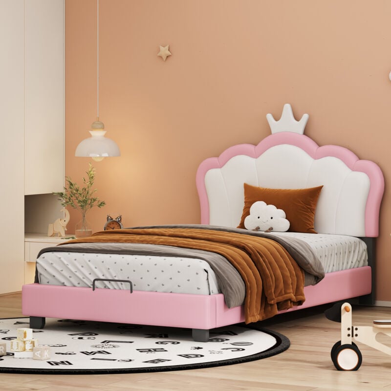 foto del prodotto letto per bambini imbottito 90200 cm con reti a doghe e schienale, letto per bambina con modanatura a corona, rosa materasso non incluso okwish