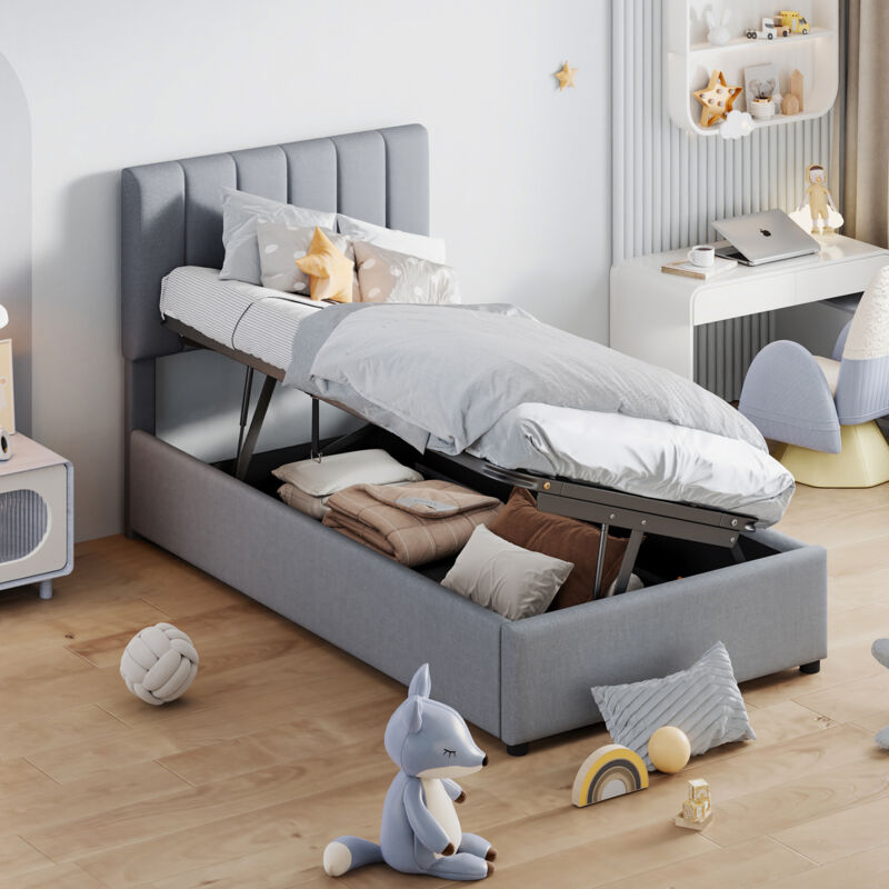 foto del prodotto letto per bambini imbottito 90x200 cm, letto contenitore idraulico, letto contenitore alto in lino delicato sulla pelle, grigio