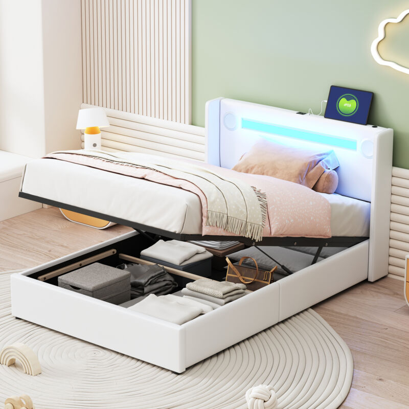 foto del prodotto letto per bambini imbottito 90x200 con striscia luminosa a led, lettore bluetooth e ricarica usb, letto in pelle pu con vano contenitore, letto a
