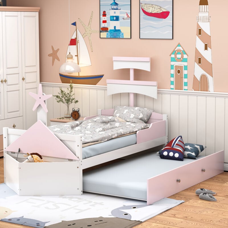 foto del prodotto letto per bambini in legno 90200, a forma di barca a vela, con letto estraibile, spazio per riporre ai piedi del letto, letto singolo, lettino per