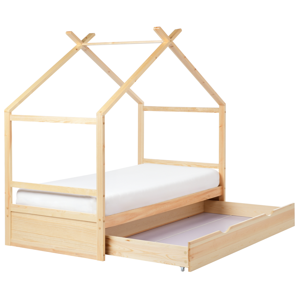 foto del prodotto letto per bambini in legno di pino chiaro ue misura singola 90 x 200 cm con telaio a doghe cassetto contenitore letto per bambini piccoli