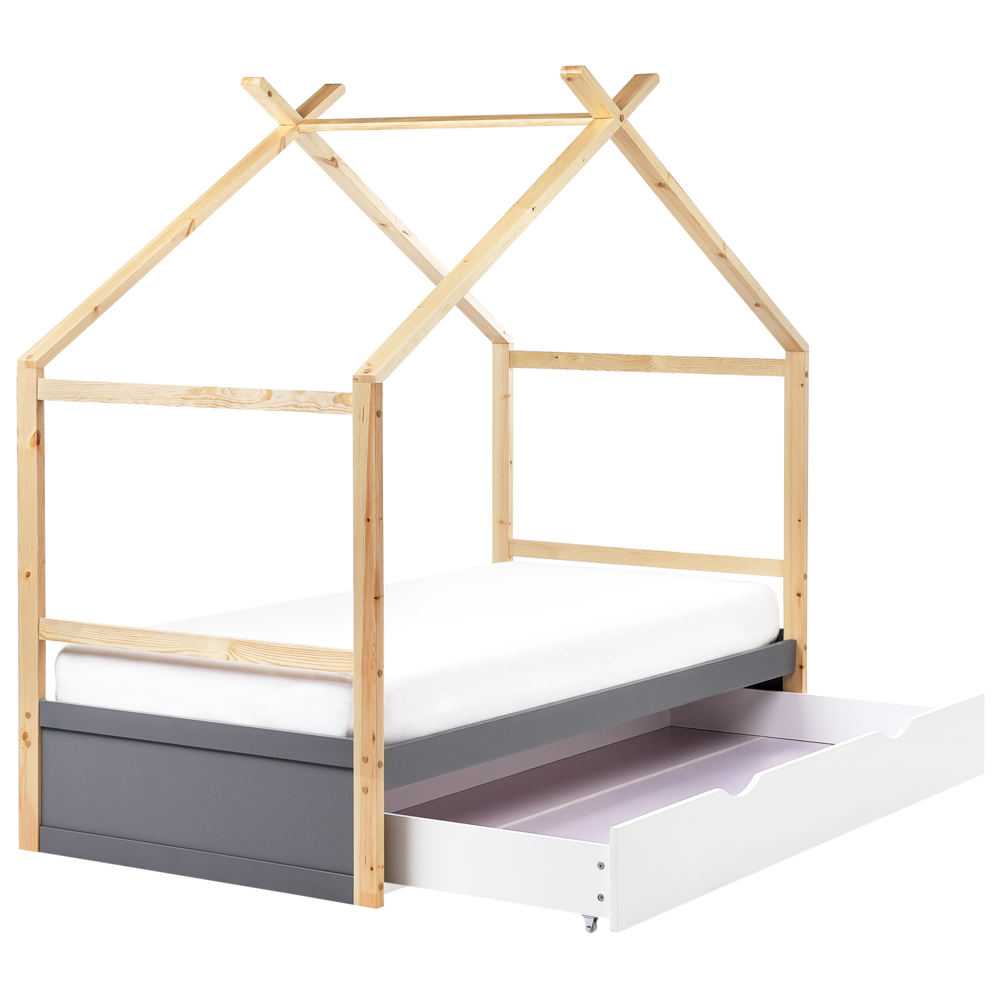 foto del prodotto letto per bambini in legno di pino grigio ue misura singola 90 x 200 cm con telaio a doghe cassetto contenitore letto per bambini piccoli
