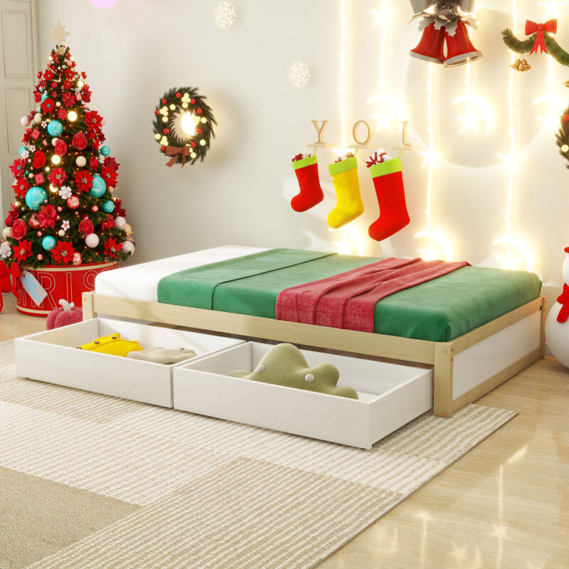 foto del prodotto letto per bambini in legno massello 90x200 con 2 cassetti e rete a doghe. letto singolo moderno in legno con box letto.