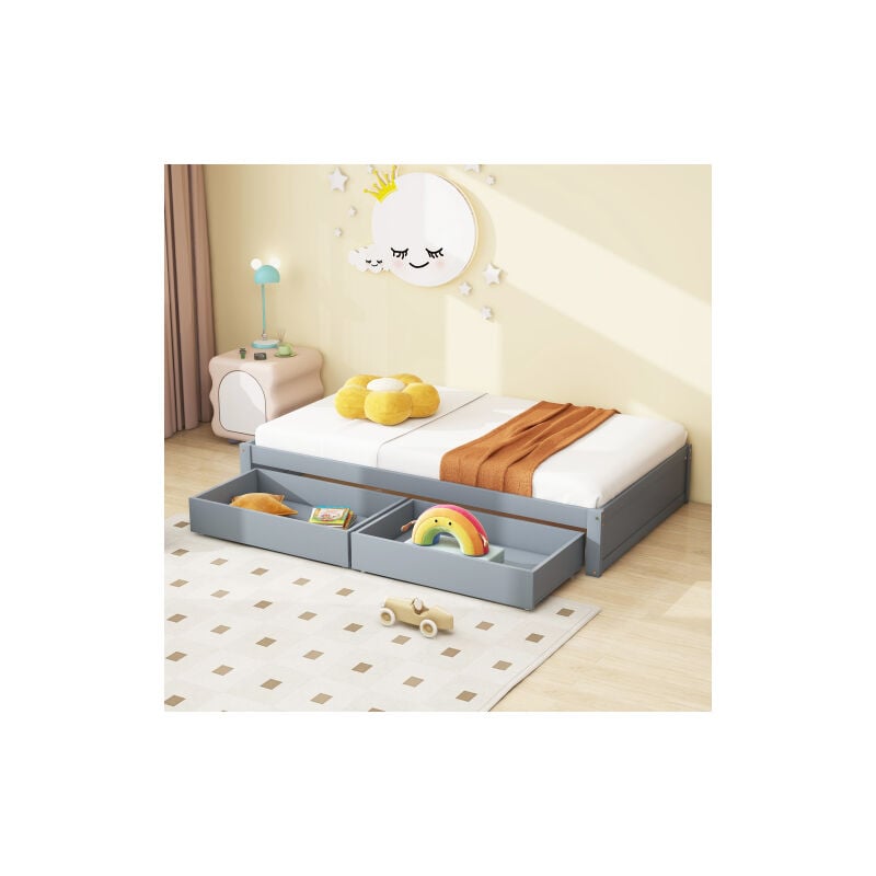 foto del prodotto letto per bambini in legno massello 90x200 con 2 cassetti e rete a doghe letto singolo moderno in legno con box letto grigio