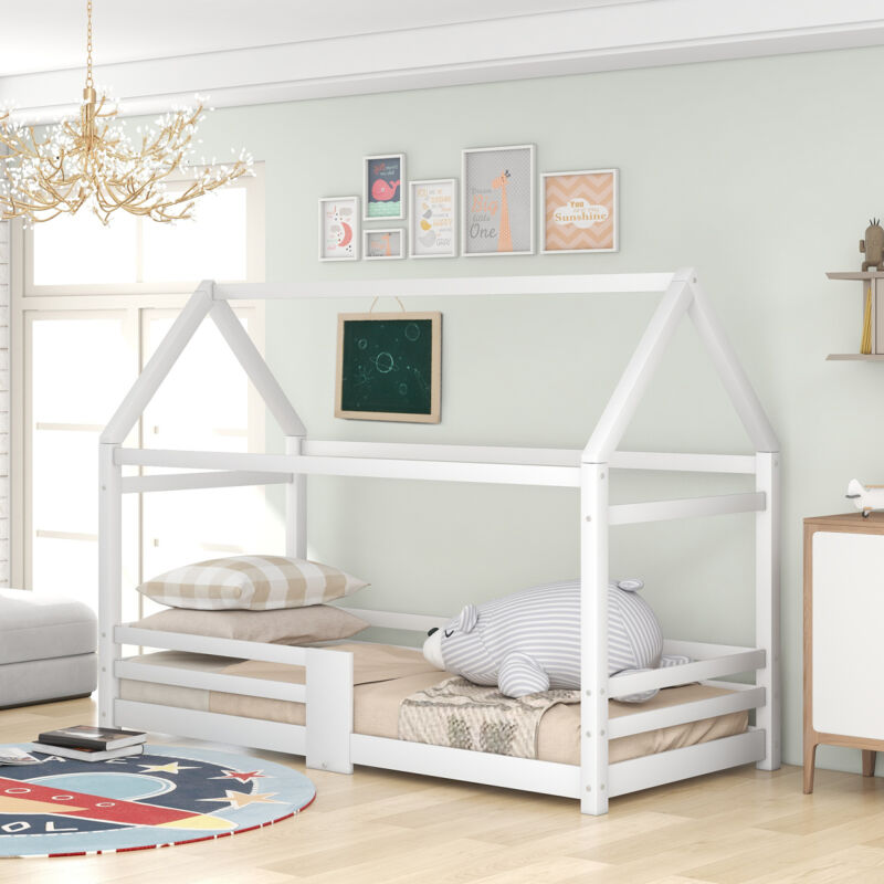 foto del prodotto letto per bambini, letto a casa, 90 x 200 cm, letto in legno per la cameretta dei bambini, con tavola, reti a doghe, protezione anticaduta, in legno