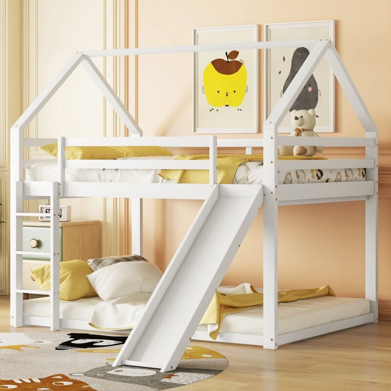 foto del prodotto letto per bambini, letto a casa, letto a castello, con scivolo e scaletta 140x200cm, letto matrimoniale, bianco
