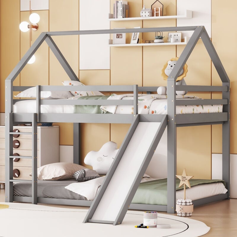 foto del prodotto letto per bambini, letto a casa, letto a castello, con scivolo e scaletta 140x200cm, letto matrimoniale, grigio