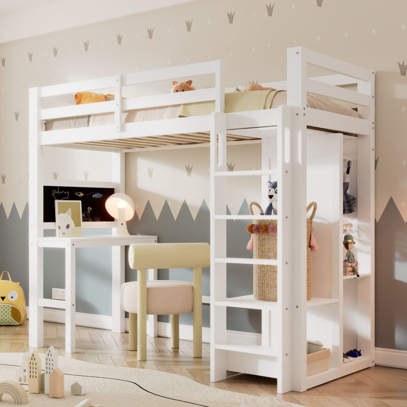 foto del prodotto letto per bambini letto a soppalco con scrivania armadio aperto e ripiani letto per bambini con rete a doghe e protezione anticaduta letto singolo