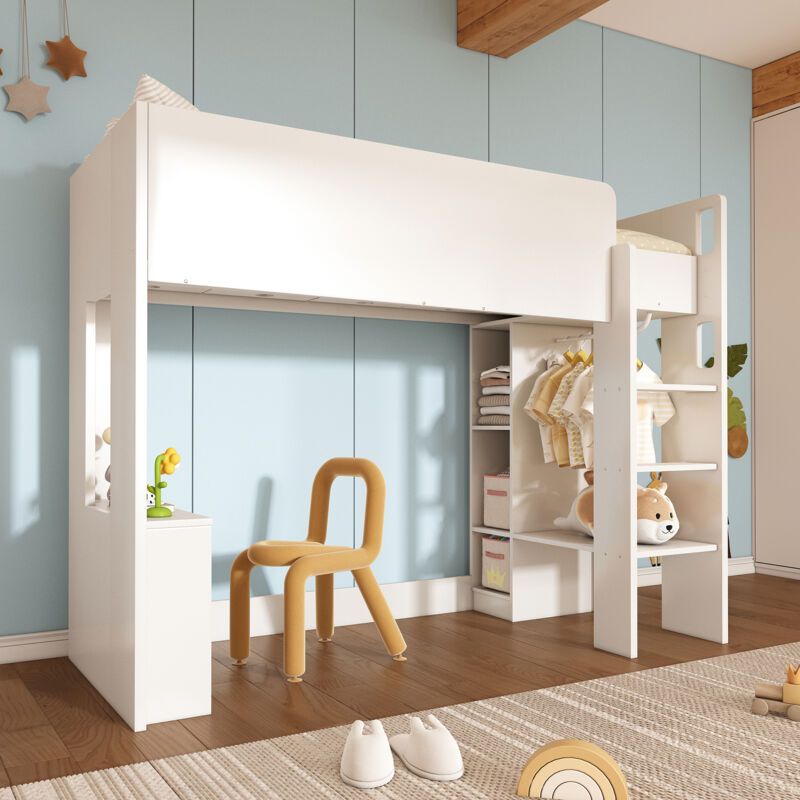 foto del prodotto letto per bambini, letto a soppalco letto singolo 90 x 200 cm, letto multiuso in legno 3 in 1 con contenitore, armadio, ripiani aperti e scala, bianco