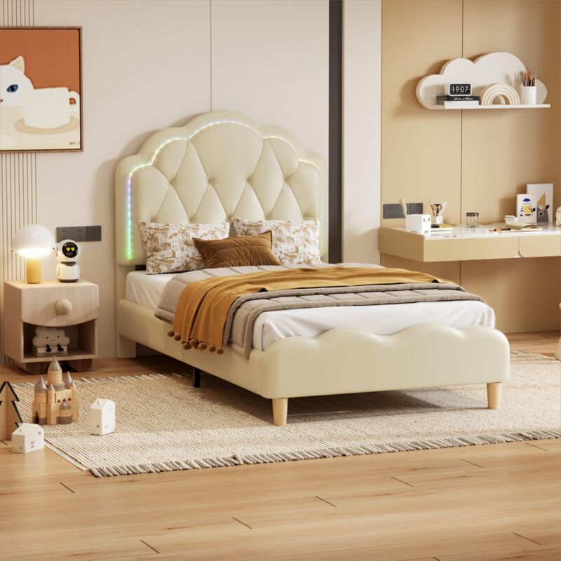 foto del prodotto letto per bambini letto imbottito 90 x 200 cm con testiera ondulata, barre di trazione, striscia luminosa a led, rete a doghe in legno, pu, bianco