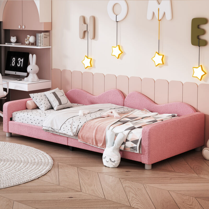 foto del prodotto letto per bambini letto imbottito 90200 cm, struttura del divano letto in tessuto peluche letto morbido multifunzionale con schienale e braccioli