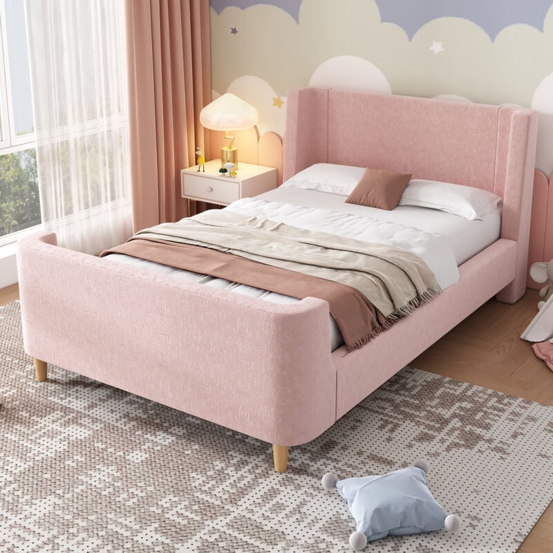 foto del prodotto letto per bambini, letto imbottito, letto singolo, letto a slitta con motivo cosmico, 90 x 200 cm, per maschietti e femminucce, rosa, velluto senza