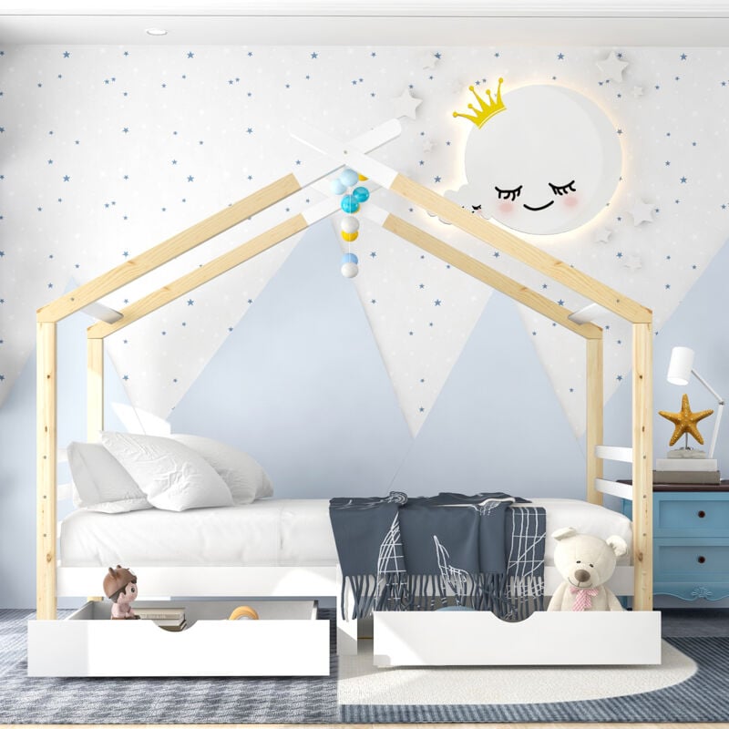 foto del prodotto letto per bambini, letto per casetta con cassetti, in legno massiccio con rete a doghe, letto per casetta in legno di pino, camera per bambini e