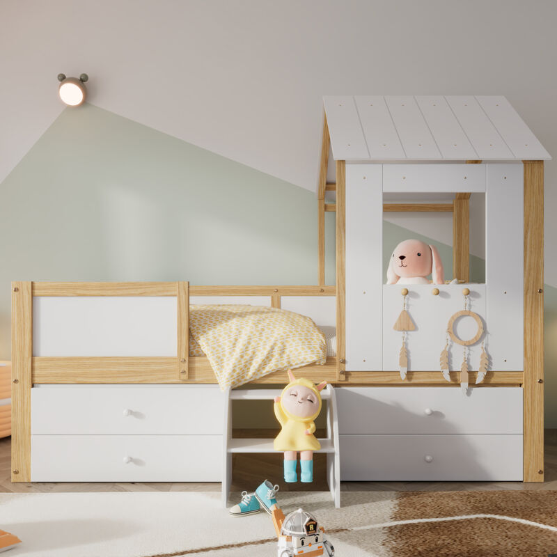 foto del prodotto letto per bambini, letto semi alto, letto a soppalco con tetto e finestra, recinzione su quattro lati, con 4 cassetti e piccola scala,