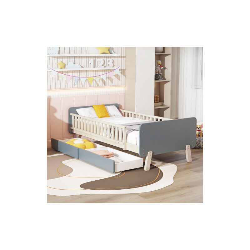 foto del prodotto letto per bambini letto singolo 90x190 cm con 2 cassetti e rete a doghe, in legno, grigio