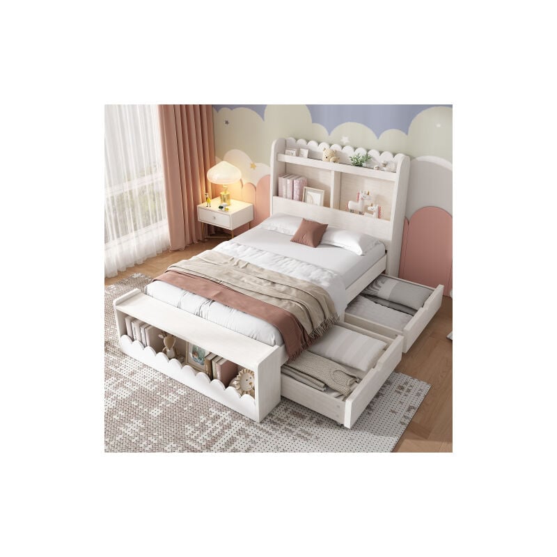 foto del prodotto letto per bambini letto singolo contenitore con cassetti, ripiano e panca con vano contenitore, letto in legno 90x190 cm, giroletto e rete a doghe in