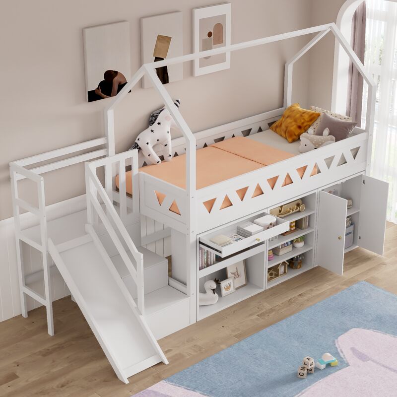 foto del prodotto letto per bambini, letto singolo, lettino per bambini multifunzionale, con scivolo e scaletta, con cassetti e armadietto, con porta magnetica, senza