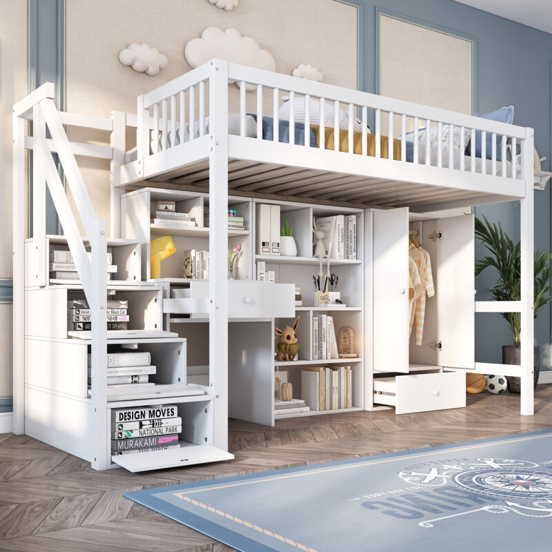 foto del prodotto letto per bambini, letto singolo, lettino per bambini multifunzionale, con scrivania, scale, armadietti e guardaroba, senza materasso, legno