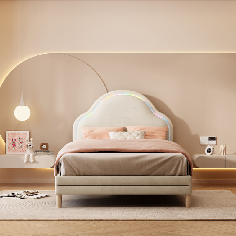 foto del prodotto letto per bambini letto singolo letto imbottito 90 x 200 cm con testiera a forma di nuvola, striscia luminosa a led e doghe in legno, velluto, beige