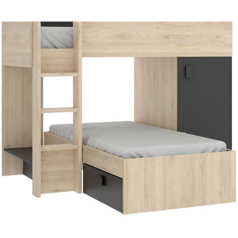 foto del prodotto letto per bambini marmolada, cameretta completa con armadio e cassetti, composizione letto a castello con due lettini singoli, 255x112h150 cm, rovere