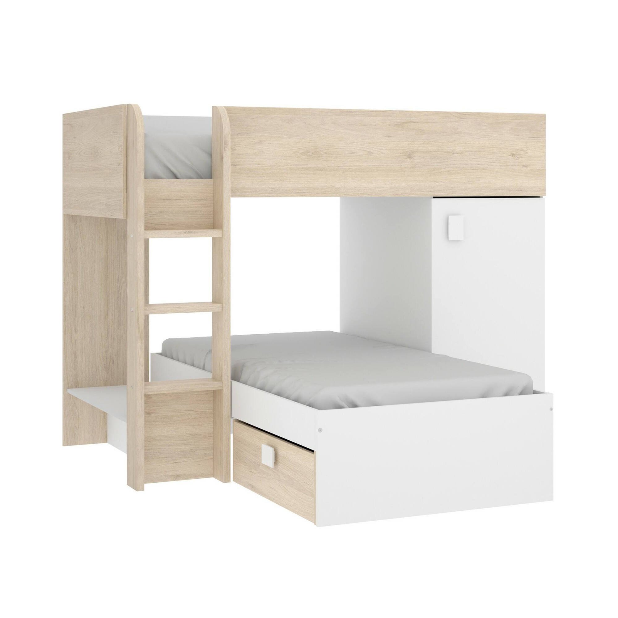 foto del prodotto letto per bambini pax, cameretta completa con armadio e cassetti, composizione letto a castello con due lettini singoli, 255x112h150 cm, bianco e rovere
