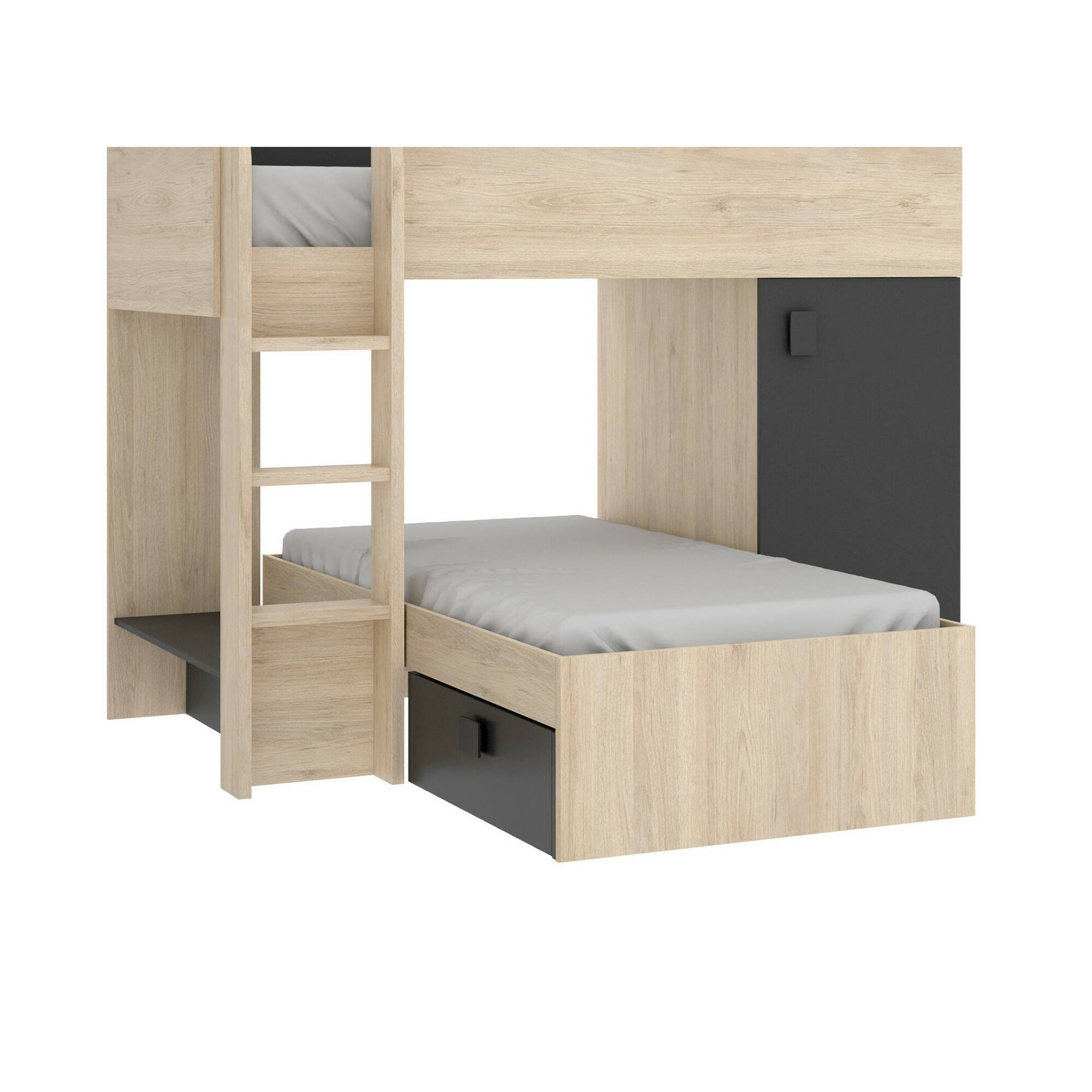 foto del prodotto letto per bambini pax, cameretta completa con armadio e cassetti, composizione letto a castello con due lettini singoli, 255x112h150 cm, rovere e antracite
