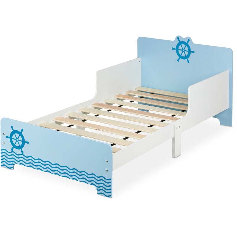 foto del prodotto letto per bambini, sponde anticaduta, rete a doghe rigide, con motivo mare, mdf, hlp 60x77x143 cm, bianco blu relaxdays