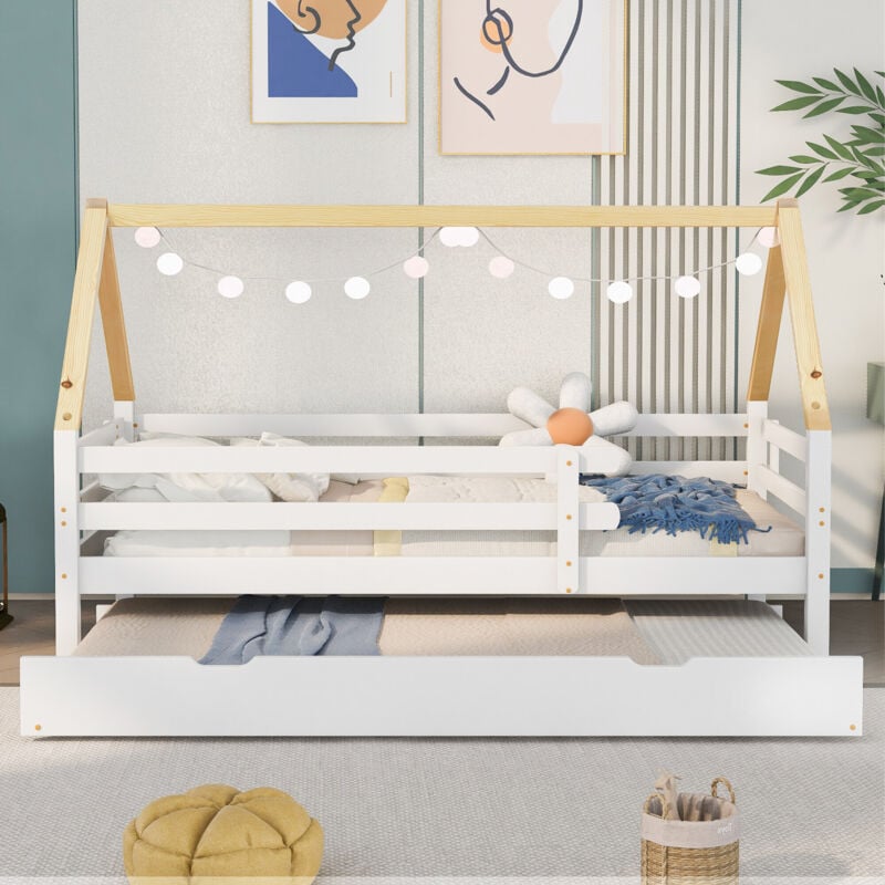 foto del prodotto letto per bambini sulla casa sull albero con ruote nella parte inferiore, in legno massiccio, bianco, 200x90 cm