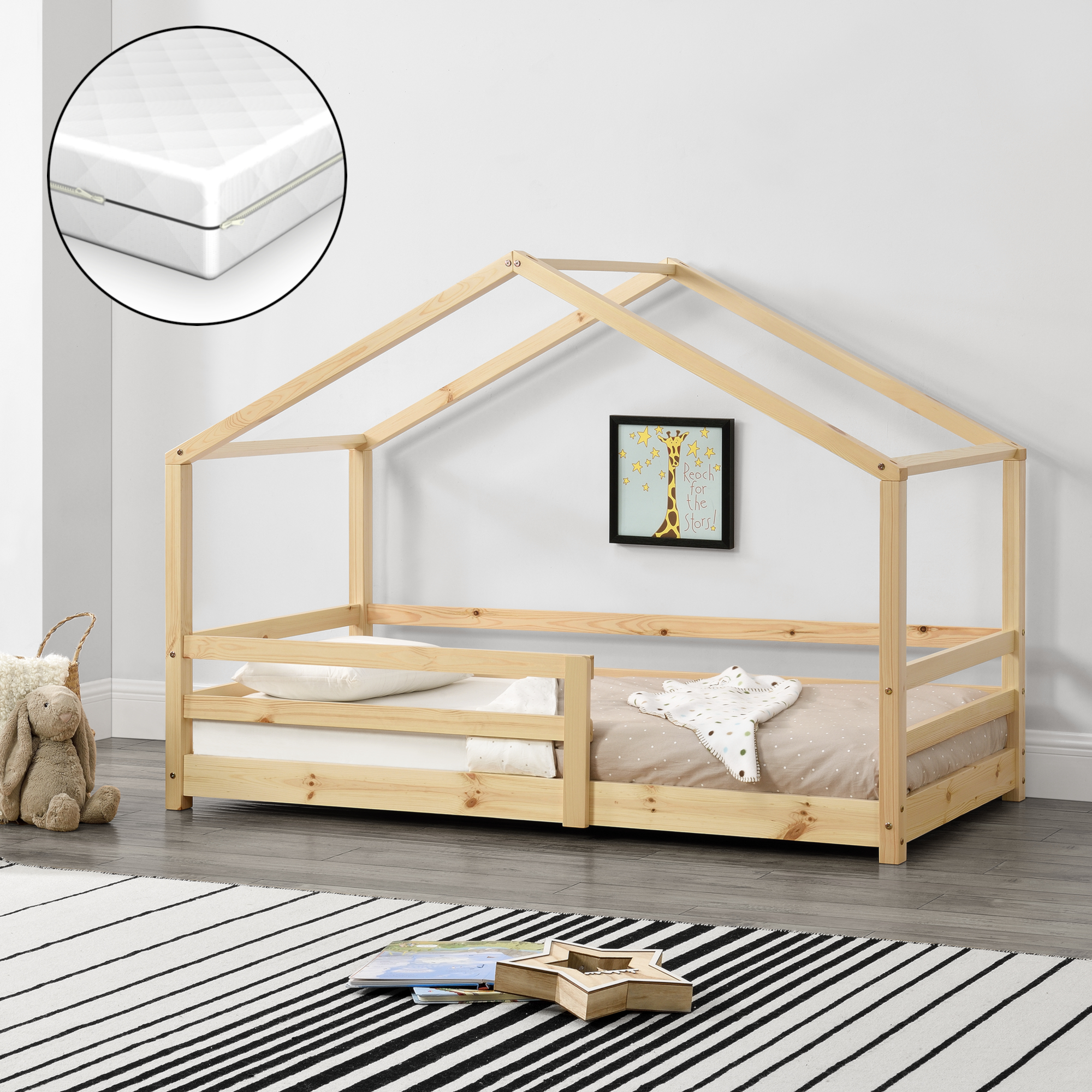 foto del prodotto letto per bambino a forma di casetta con barriere di sicurezza e materasso ortopedico 70 x 140 cm lettino in legno di
