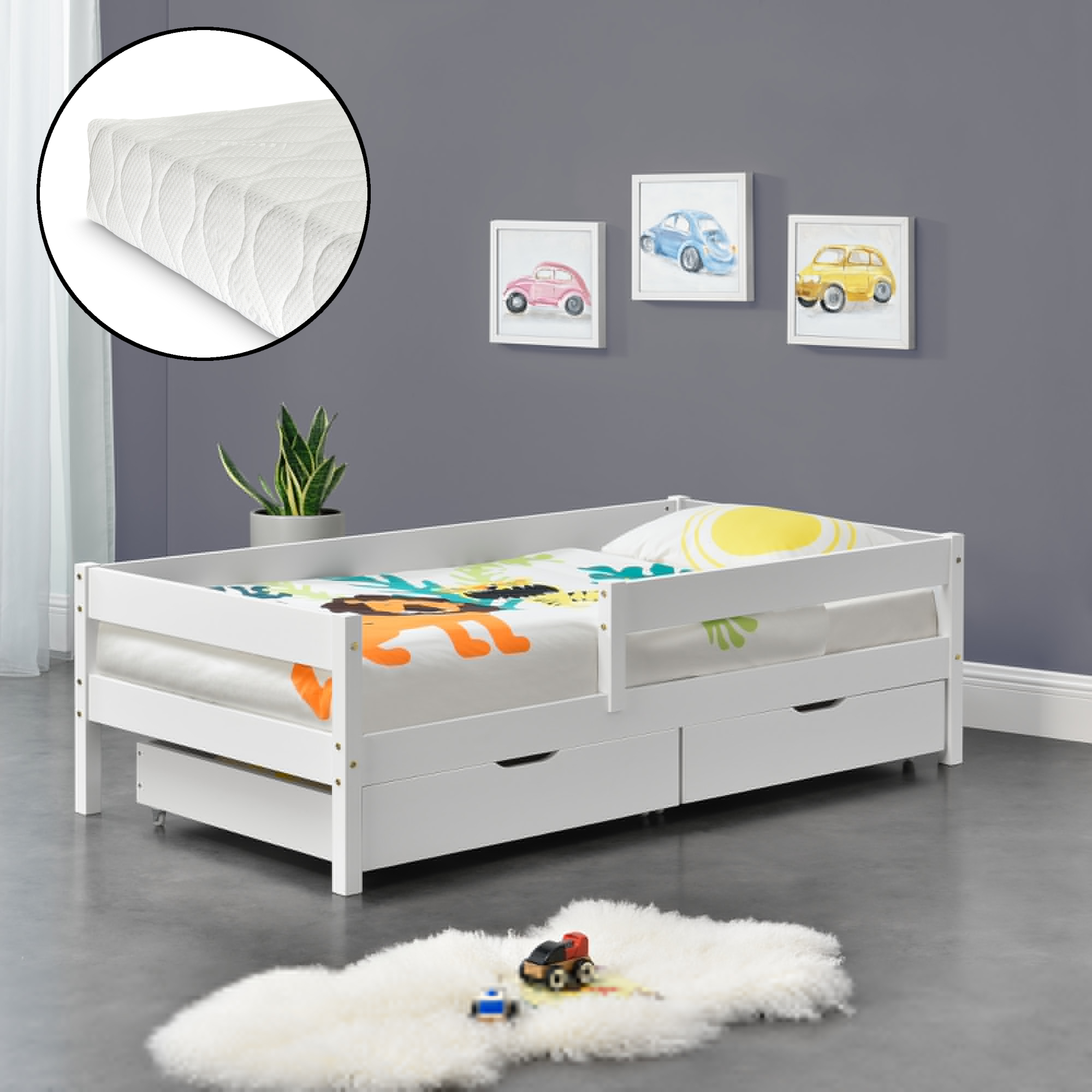 foto del prodotto letto per bambino giovent con 2 cassetti portabiancherie e materasso ipoallergenico a schiuma fredda 90x200 cm lettino