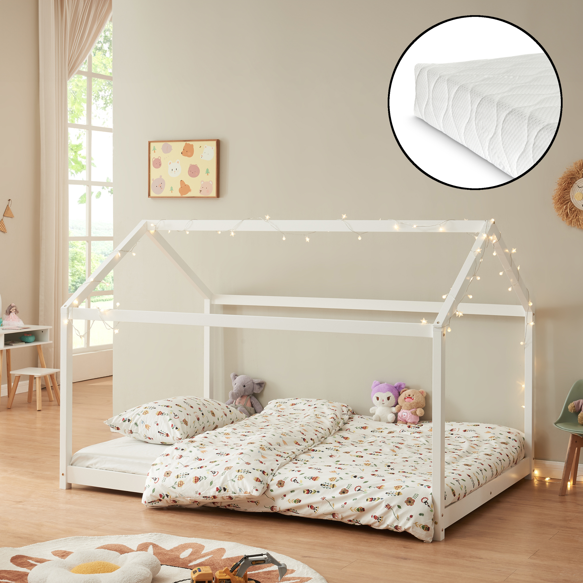 foto del prodotto letto per cameretta 39 cerro 39 a forma di casetta con materasso 120 x 200 cm legno di pino bianco en.casa 