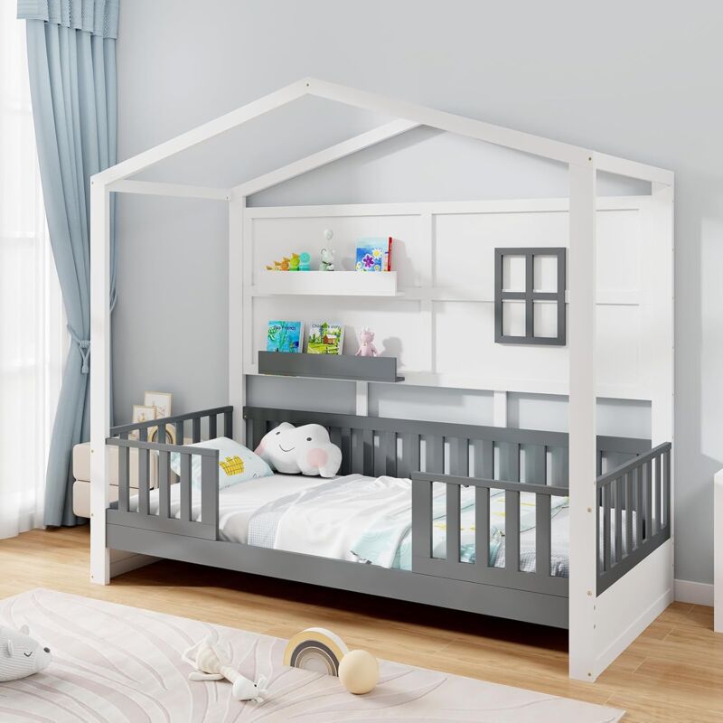 foto del prodotto letto per cameretta a forma di cassetta 90 x 200 cm, letto per bambini struttura di legno di pino, letto casetta montessori con 2 ripiani mensole e